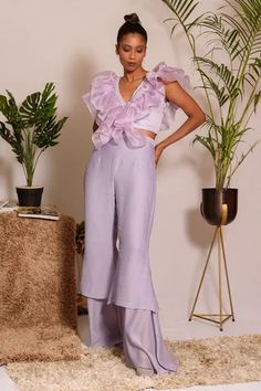 Shop for Vanshika Agarwal Purple Bamberg Silk Neck Embroidered Top And Pant Set for Women Online at Aza Fashions Purple Ruffled Sets For Spring, Spring Purple Ruffled Sets, Elegant Ruffled Purple Bottoms, Elegant Purple Ruffled Bottoms, Purple Ruffled Party Sets, Purple Party Sets With Ruffles, Embroidered Beads, French Lilac, Purple Beads