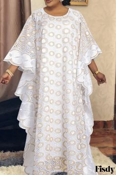 Fisdy - Chic Blanco Bordado Patchwork O Cuello Maxi Vestido Conjunto en Talla Grande Casual Embroidery, Lace Long Dress, Embroidery Patchwork, Long Dress Plus Size, Long Dresses Elegant, African Fashion Designers, Plus Size Two Piece, Casual Tie, Dress Sleeve Styles