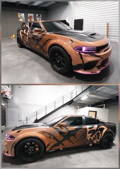 two pictures of a car with camouflage paint on it