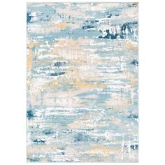 an abstract rug with blue and yellow colors on the bottom, in shades of gray, white