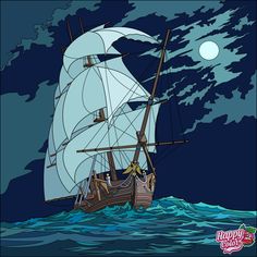 an old sailing ship in the middle of the ocean at night with moon and clouds