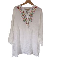 - Size Small - 100 % Rayon - Perfect For Summer Casual Long Sleeve Embroidered Top For Brunch, Casual Shirt With Floral Embroidery For Vacation, Spring Vacation Embroidered Shirt, White Floral Embroidered Beach Shirt, Casual Floral Embroidered Top For Brunch, White Floral Embroidered Shirt For Beach, White Floral Embroidered Shirt For The Beach, Casual Embroidered Top With Floral Print For Vacation, Casual Embroidered Floral Top For Vacation