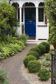 a blue front door surrounded by greenery and bushes on a brick path leading to a white house