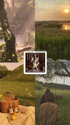 a collage of pictures with people sitting in the grass