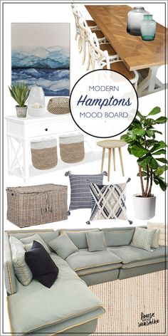 modern hampton's mood board with blue and white furniture, pillows, rugs, potted plants, and artwork