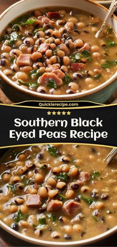 two bowls filled with black eyed peas and spinach on top of a wooden table