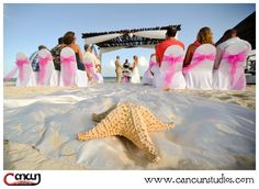 a starfish on the beach with people in the background at a destination wedding ceremony