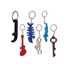 four different colored key chains with fish, guitar and trelliss on each one