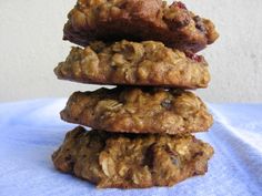 three oatmeal cookies stacked on top of each other