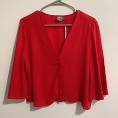 Red Blouse With V-Neck And 3/4 Sleeves And Hidden Button Front. Cropped. Size 6. 20" Pit To Pit, 21" Length. Nwt No Flaws. Red V-neck Blouse With Buttons, Red 3/4 Sleeve Summer Top, Red 3/4 Sleeve Top For Summer, Red 3/4 Sleeve Summer Blouse, Chic Red Top With 3/4 Sleeves, Red V-neck Blouse With Button Closure, Red 3/4 Sleeve Tops For Spring, Red 3/4 Sleeve Blouse For Spring, Red 3/4 Sleeve Tops For Work