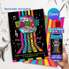 a flyer for a dance party with an image of a disco ball and music notes