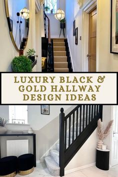 an entry way with stairs and black and gold decor