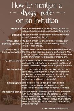 a wedding card with the words how to mention a dress code on an invitation