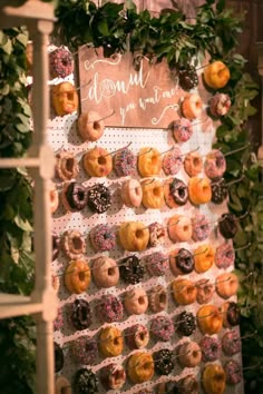 there are many doughnuts on the wall in this room, and one is decorated with greenery