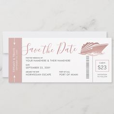 a boarding card with the words save the date and a boat in pink on it