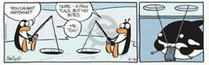 a comic strip with two penguins on swings