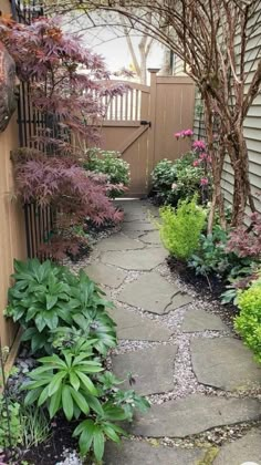 a stone path in the middle of a garden