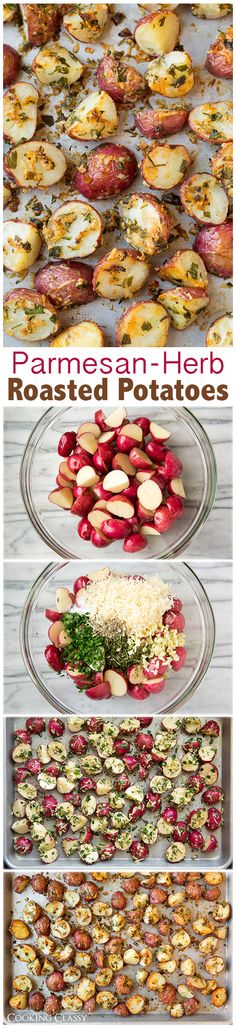 different types of baked potatoes are shown in this collage with the words, parmesan and herb roasted potatoes