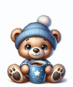 a brown teddy bear holding a cup of coffee