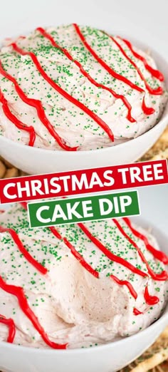 two christmas tree cake dips in white bowls