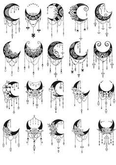 the moon and crescents are drawn in black ink on white paper, with beads hanging from