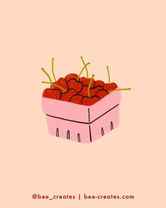 a pink box filled with lots of strawberries on top of a pink wallpaper