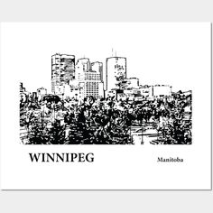 a black and white cityscape with the words winipeg in front of it