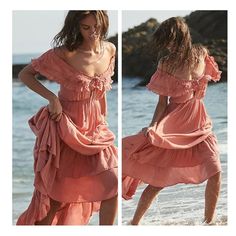 Nwta Free People Moonlight Ocean Off The Shoulder Maxi Dress In Coral, Size Small But Seems Like A One Size Fits Most As This Dress Is Very Adjustable And Forgiving Pink Off-shoulder Midi Dress For Beach, Bohemian Midi Dress With Ruffles For Beach Season, Feminine Boho Dress With Ruffles For Beach, Summer Boho Dress With Ruffles And Short Sleeves, Feminine Boho Midi Dress For Beach, Feminine Boho Midi-length Dress For The Beach, Feminine Boho Dress For Beach, Midi Length, Feminine Midi-length Boho Beach Dress, Salmon Pink Dress