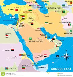 the middle east map with flags and other countries stock photo - maps of middle east asia