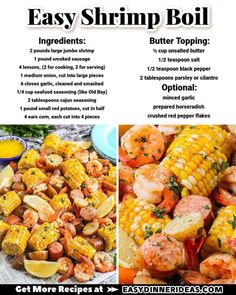 an image of shrimp boil with corn on the cob and butter topper recipe