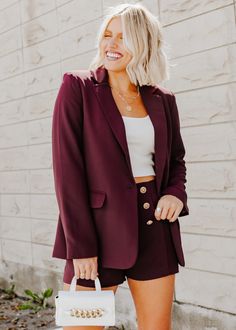 "Direct The Sail" Wine 2-Piece – Adorabelles Outfit Blazer, Blazer And Shorts, Complete Outfits, Scarf Hairstyles, Shoulder Pads, Single Breasted, Front Zipper, Women's Blazer, Sailing