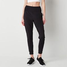 Pull on this sleek yet comfy pair of Xersion women's high-rise jogger pants for active days or workouts. Made from a smooth recycled stretchy fabric with quick-dry properties, these pants have an elastic-waist, two pockets, and cuffed legs. Pair it with a tank top or workout tee. Front Style: Flat FrontFeatures: Quick Dry, Stretch FabricClosure Type: Full ElasticFit: Regular FitPockets: 2 Side Slip PocketsRise: High RiseSupport: Light SupportFiber Content: 87% Polyester, 13% SpandexFabric Descri High Rise Versatile Sports Bottoms, High Waist Go-dry Sportswear Bottoms, Sporty Mid-rise Go-dry Bottoms, Black Yoga Pants With Ribbed Waistband For Sports, Mid-rise Activewear With Ribbed Waistband For Workout, Versatile High Rise Sports Pants, High Rise Elastane Athleisure Pants, Solid Activewear With Elastic Side Panels And Stretch, Mid-rise Elastane Athleisure Activewear