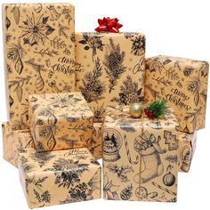 christmas presents wrapped in brown paper with designs on them