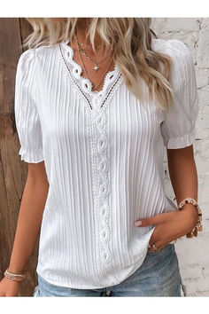 Size from S to 2XL, Free Shipping Over $79, Please Check the Size Chart Carefully Before You Buy the item. +Please note that slight color difference should be acceptable due to the light and screen. Holiday Style Summer, Elegant Blouses, Loose Shirts, Elegant Shirt, Lace Shirt, American Women, Striped Blouse, Holiday Fashion, Short Sleeve Blouse