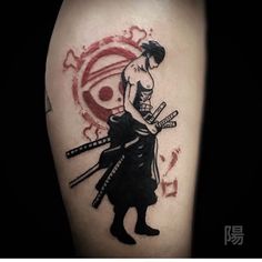 a tattoo with a woman holding two swords in her hand and an evil eye on the background