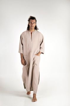 "This unique OVERSIZED men's kaftan is made of cool and light pure linen. NO BUTTONS, NO BUTTONHOLES, NO ZIPS. ZERO SHRINKAGE FITTING: The model appearing in the photo is size M and 187cm (6'3\") tall . He is featuring a S/M size SPA kaftan. S/M SIZE CHEST under armpit: (all-around) 122cm/48 inches HIPS: (all-around) 130cm/51 inches LENGTH: shoulder to hemline 150cm/59 inches L/XL SIZE CHEST under armpit: (all-around) 134cm/52.5 inches HIPS: (all-around) 142cm/56 inches LENGTH: shoulder to hemli Long Sleeve Cotton Kaftan With Relaxed Fit, Beige Long Sleeve Cotton Kaftan, Casual Cotton Kaftan For Loungewear, Casual Summer Kurta For Loungewear, Cotton Relaxed Fit Kaftan For Loungewear, Casual Long Sleeve Linen Kaftan, Casual Long Beige Kaftan, Relaxed Fit Tunic Kaftan For Loungewear, Casual Long Sleeve Kaftan For Loungewear