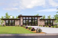 Stone and glass adorn the exterior of this modern home plan.The bedrooms are split maximizing your privacy. The master bedroom is larger and has access to the covered lanai in back.The center of the home has an open floor plan with sweeping views to the back.A 2-sided fireplace is on the center of the back wall and is shared with the covered lanai. A 2-car side-load garage has space for a shop or storage.Related Plans: Get less space with house plans 85021MS (1,439 sq. ft.). Mid Century Modern House Plans, Small Modern House Plans, Modern Shed, Garage House Plans, Plans Modern, Contemporary House Plans, Modern House Plan, Modern Farmhouse Plans