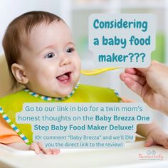 a baby sitting in a high chair holding a sign that says considering a baby food maker?