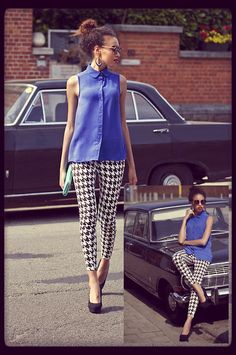 houndstooth leggings and sleeveless blue blouse Houndstooth Leggings, Scarf Bow, Patterned Pants, Ideas Clothes, Pink Head, How To Wear Leggings