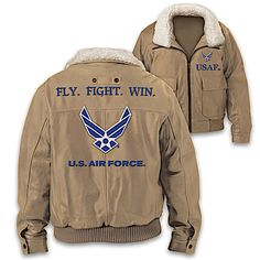 U.S. Air Force Fly. Fight. Win. Men's 100% Cotton Twill Khaki Bomber Jacket Featuring The USAF Wings Symbol With Removable Sherpa Collar - Fly. Fight. Win. That's the motto that has driven the Air Force to forge an inspiring legacy of defending our freedoms. Now, you can celebrate their traditions and pride with the U.S. Air Force Fly. Fight. Win. Men's Jacket, an officially licensed custom design exclusively from The Bradford Exchange. Combining the enduring look of a vintage-style bomber jacket with a bold salute to the core values of the Air Force, this bomber jacket is a distinctive way to show your Air Force pride, and it also makes a great military gift.Intricately embroidered artwork stands out on both sides of this stylish front-zip jacket. On the front is "USAF" al Wings Symbol, Air Force Hoodie, Air Force Uniforms, Air Force Jacket, Air Force Women, Air Force Patches, Air Force Gifts, Deployment Gifts, Military Gift