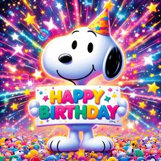 a cartoon dog holding a happy birthday sign surrounded by stars and confetti in the background