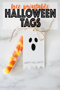 free printable halloween tags with candy in the shape of a ghost and pumpkins