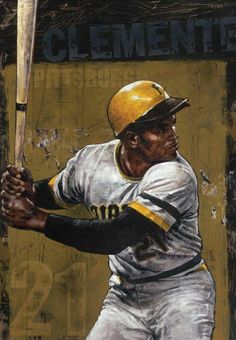 a painting of a baseball player holding a bat and wearing a yellow helmet with the number 22 on it