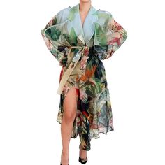 Brand: Dolce & Gabbana Size: Labeled It 44 | Us Large Type: Long Trench Coat Color: Multi-Color Tropical Motif Belted Wrap Material: 100% Silk Condition: New With Tags Made In Italy Authenticity Guaranteed Ships From Austin, Tx, Same Day If Purchased By 2 Pm Ct Elegant Multicolor Floral Print Outerwear, Elegant Multicolor Silk Outerwear, Elegant Blue Floral Print Outerwear, Chic Floral Print Outerwear For Brunch, Elegant Summer Outerwear With Floral Print, Over Coat Women, Silk Trench Coat, Trench Coats Women Long, Dolce Gabbana Jacket