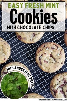 chocolate chip cookies on a cooling rack with mint leaves and text overlay that reads easy fresh mint cookies with chocolate chips