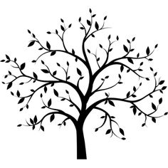 the silhouette of a tree with leaves on it's branches is shown in black and white