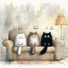 three cats are sitting on a couch with their paws in each other's pockets