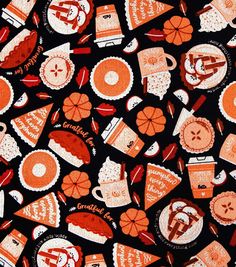 an orange and black background with many different items on it, including coffee mugs