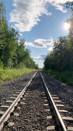 the sun is shining down on an empty train track with trees and bushes in the background