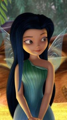 a cartoon fairy with blue hair and green dress